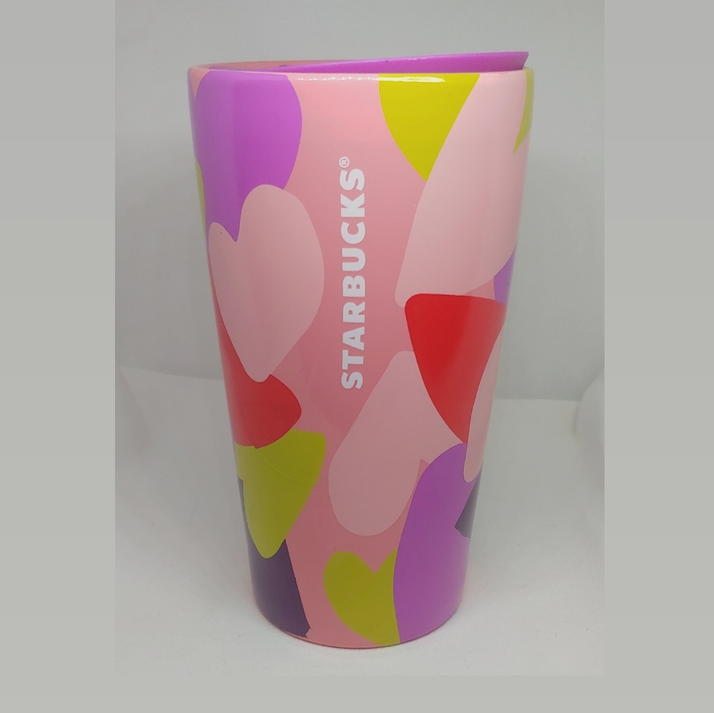 Starbucks 2022 Valentine's Day Coffee cup Vibrant pink Red Hearts with Lid 12 oz
